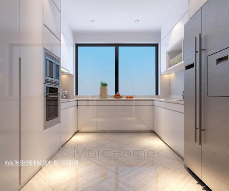 Vẫn sử dụng gam màu trắng chủ đạo trong thiết kế phòng bếp, đá ốp bếp solid surface màu trắng cũng được gia chủ lựa chọn tạo sự đồng nhất và tinh tế hơn cho không gian căn phòng